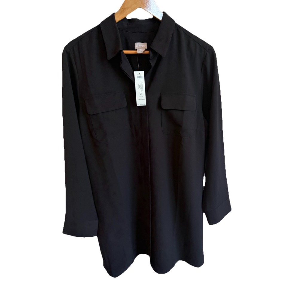 Chicos Polished Button Front Tunic Top Size 2 Black Shirt NWT MSRP $99